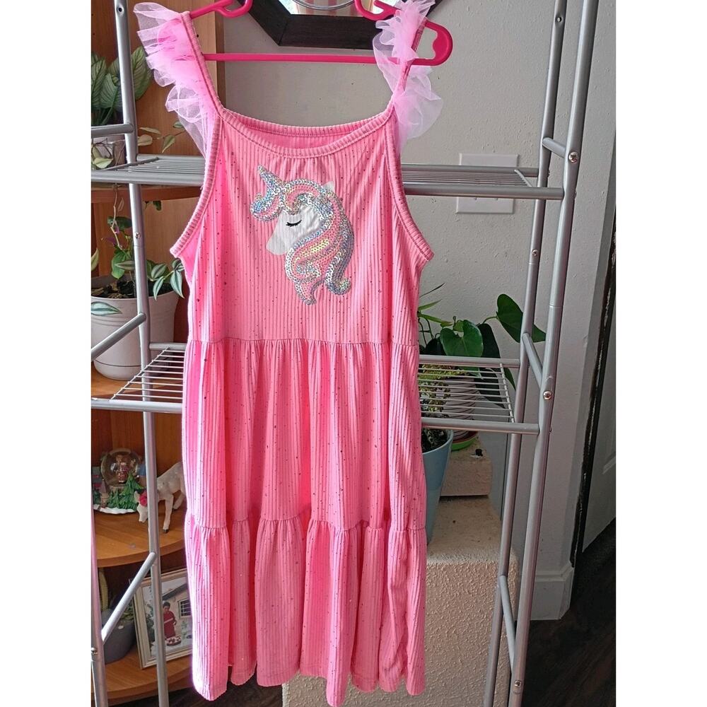 Pink Dress Girl Size 12 Sleeveless Flare Unicorn Print